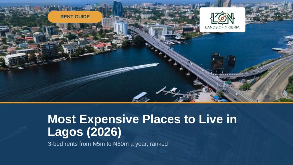 Most Expensive Places to Live in Lagos (2026) — Lands of Nigeria rent guide cover