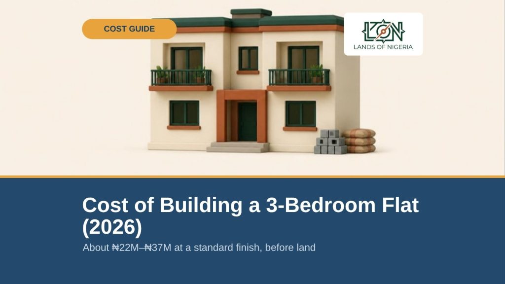 Cost of Building a 3-Bedroom Flat in Nigeria (2026) — Lands of Nigeria Cost Guide cover (AI illustration)