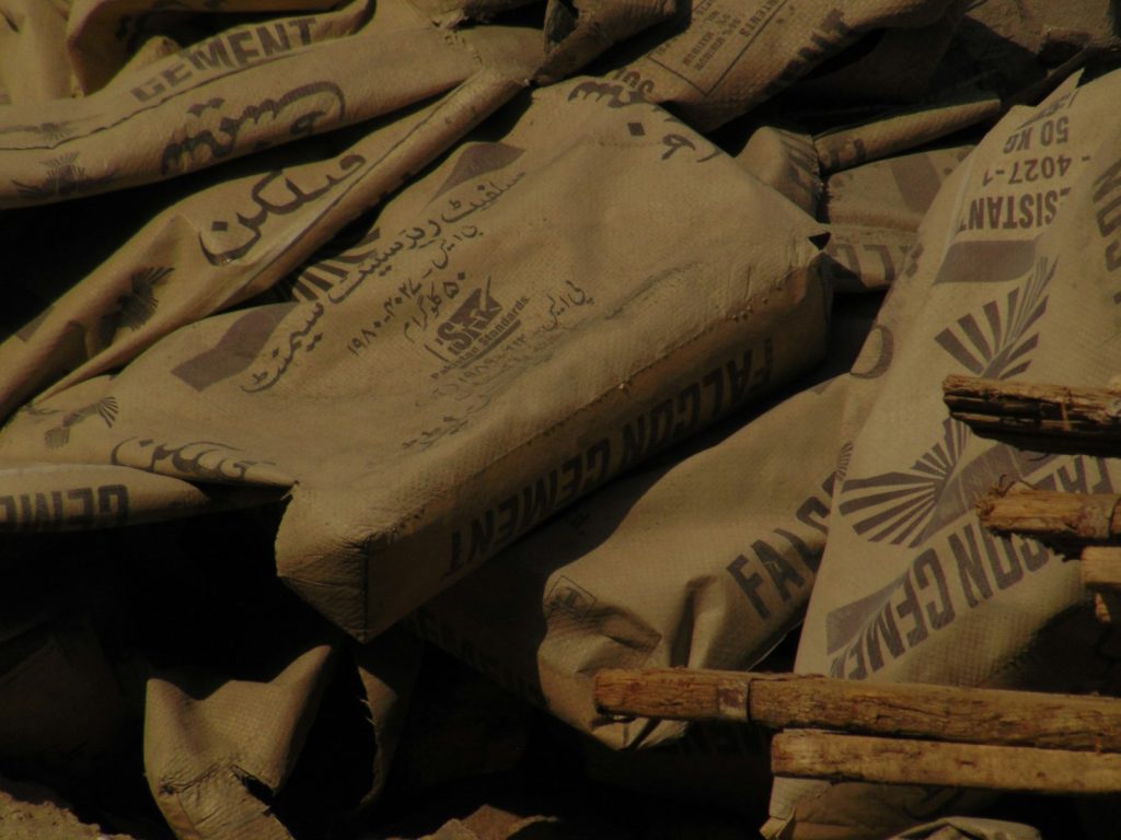 Stacked 50kg bags of cement at a building-materials supplier, illustrating rising cement prices in Nigeria in July 2026