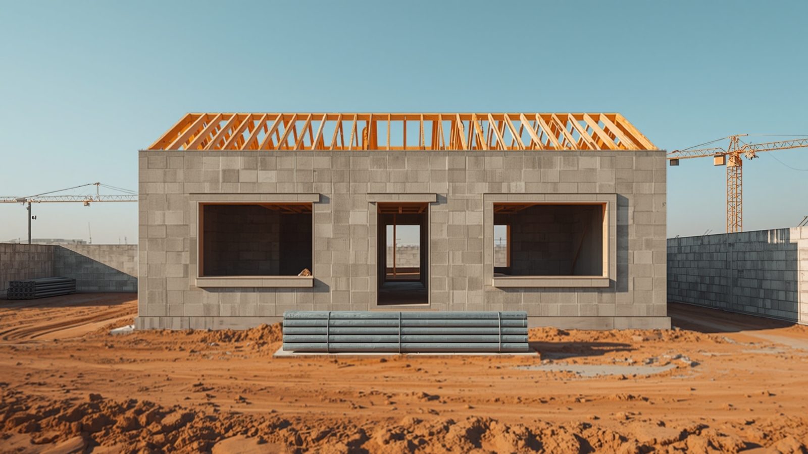 Illustration of a small bungalow under construction at roofing stage, with timber trusses and roofing sheets on the ground