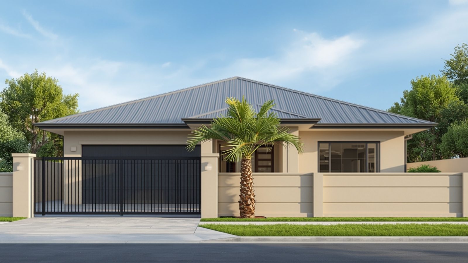 Illustration of a completed single-storey 3-bedroom bungalow in Nigeria with a gated driveway