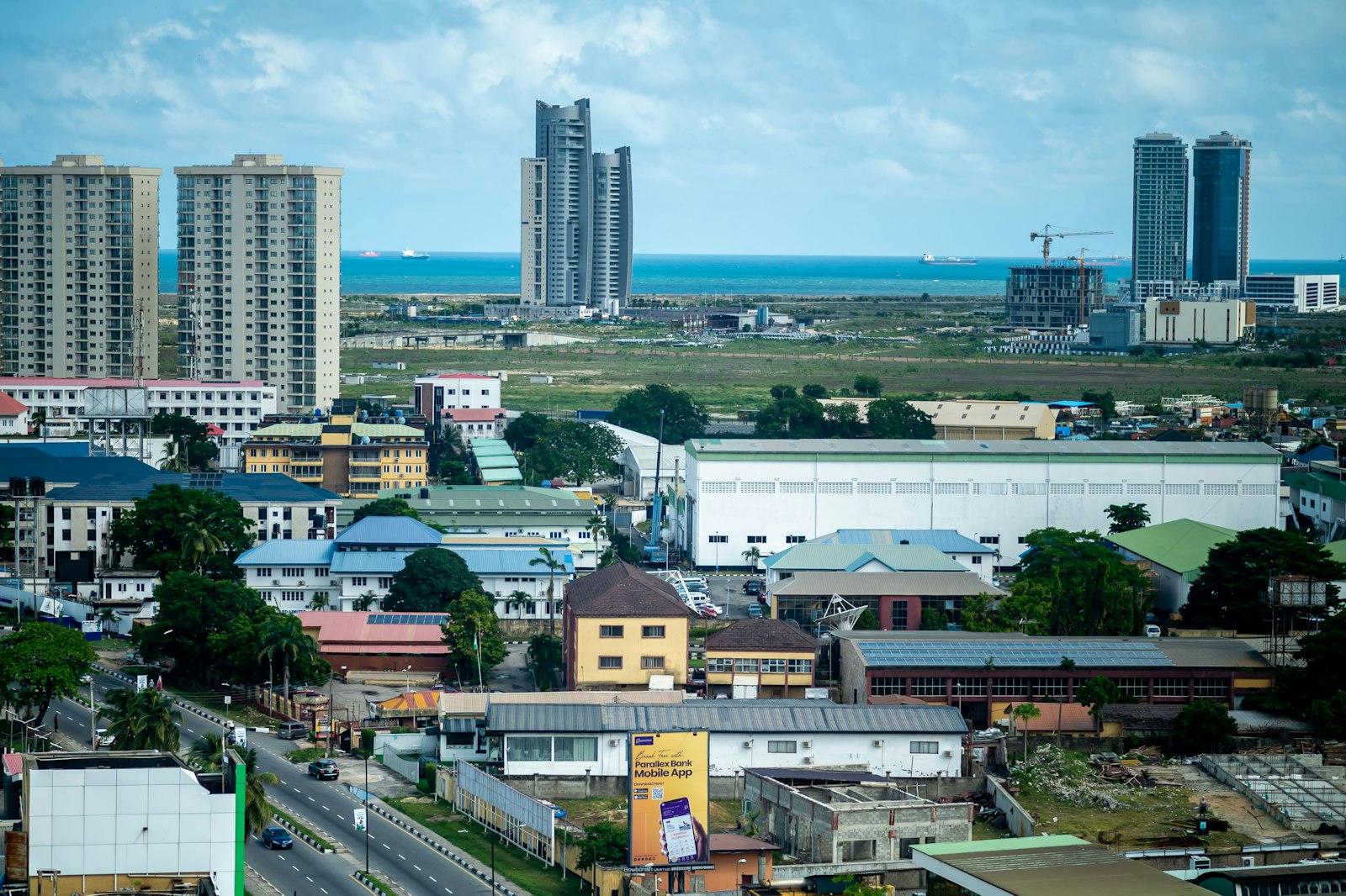Lagos skyline on the Atlantic coast, where tidal backflow worsens rainy-season flooding