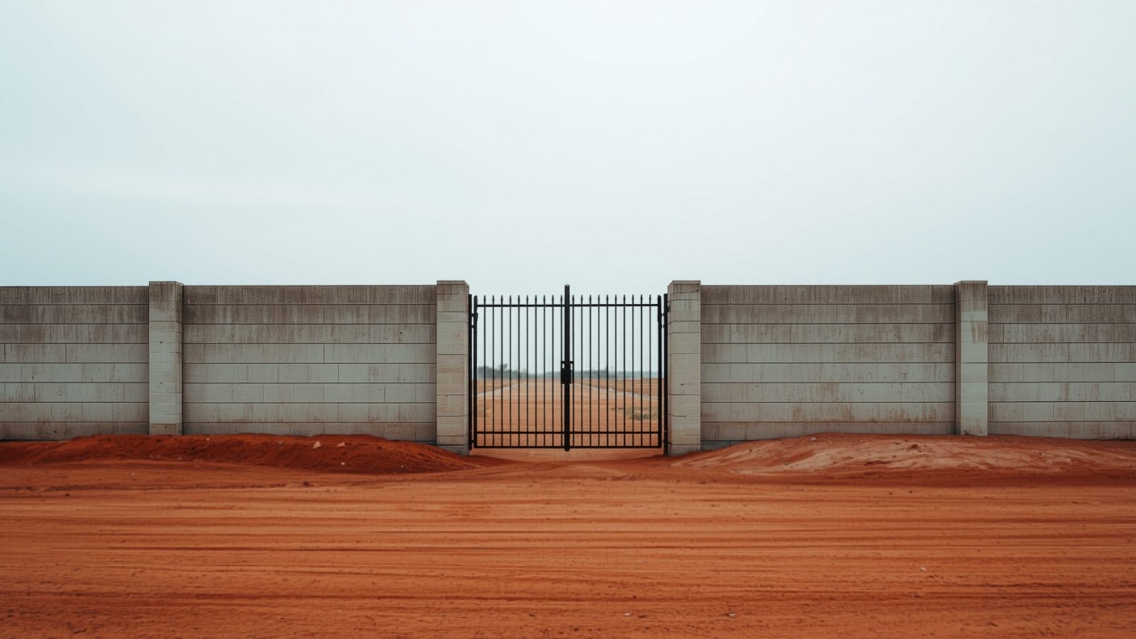 Illustration of a sandcrete block perimeter fence with a steel gate around a plot