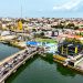 Aerial view of the Lekki-Ikoyi Link Bridge and waterfront in Lagos, Nigeria