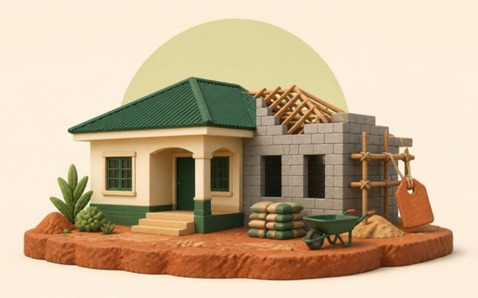 Illustration of a Nigerian bungalow half built, with cement bags, a wheelbarrow and a price tag