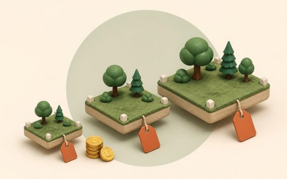 Illustration of three land plots of different sizes with price tags and coins