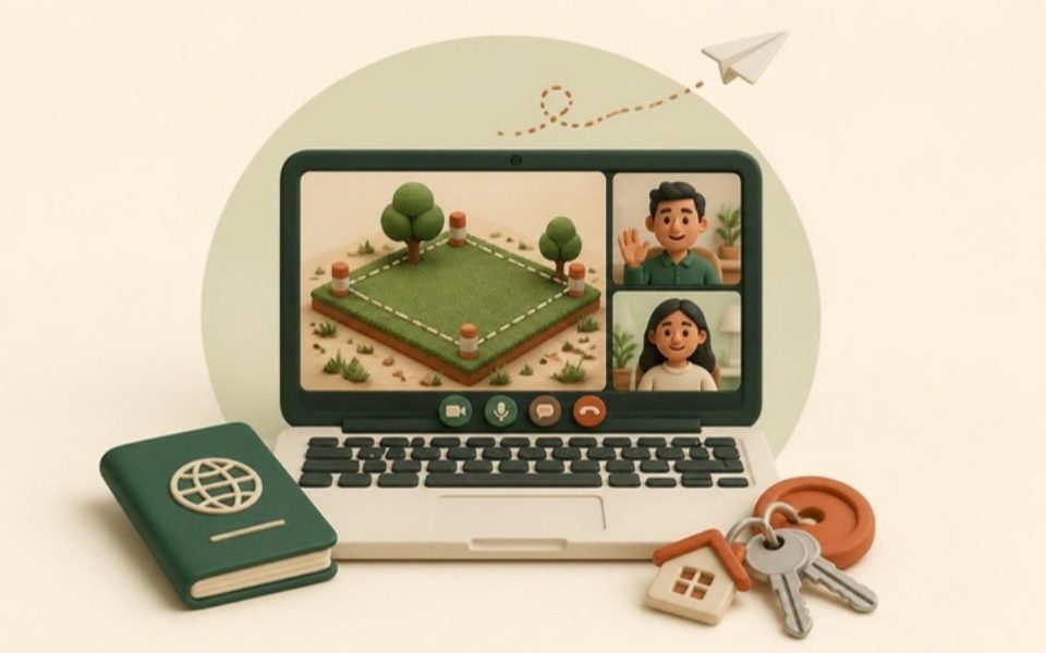 Illustration of a video call showing a land plot, with a passport and house keys beside the laptop