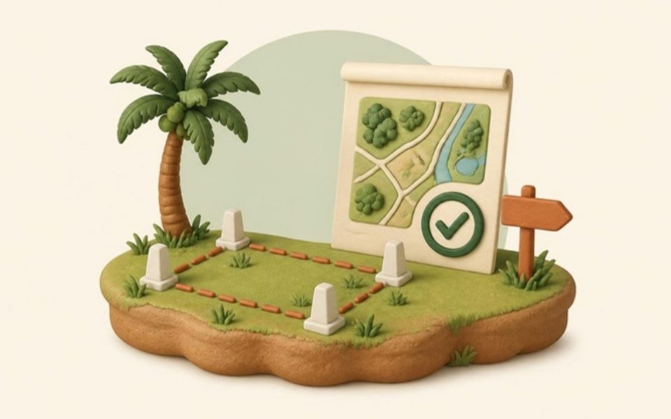 Illustration of a surveyed land plot with boundary beacons and a verified site map