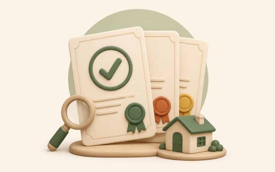 Illustration of three land title certificates with seals, a magnifying glass and a small house