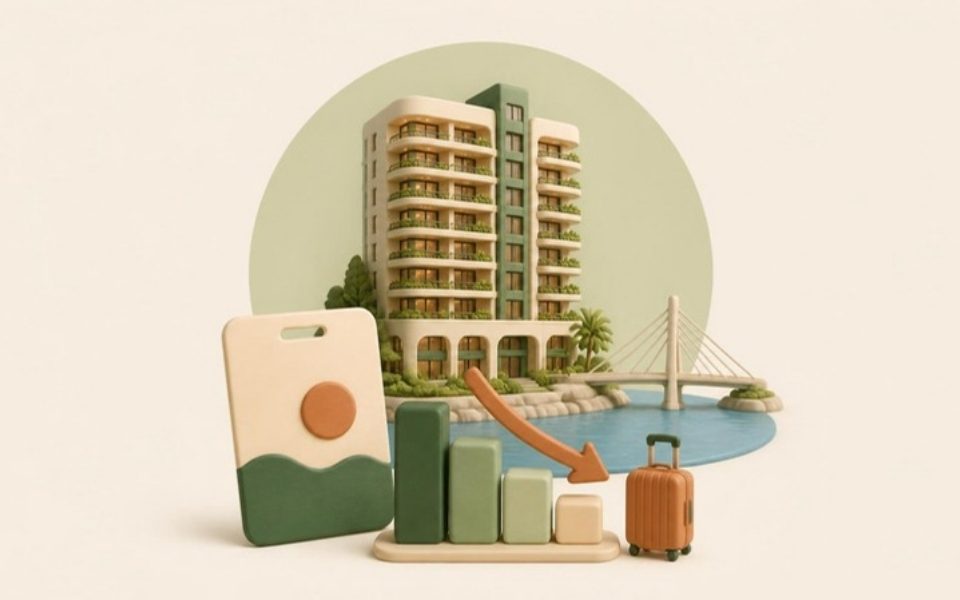 Illustration of a waterfront apartment tower with a key card and a falling bar chart