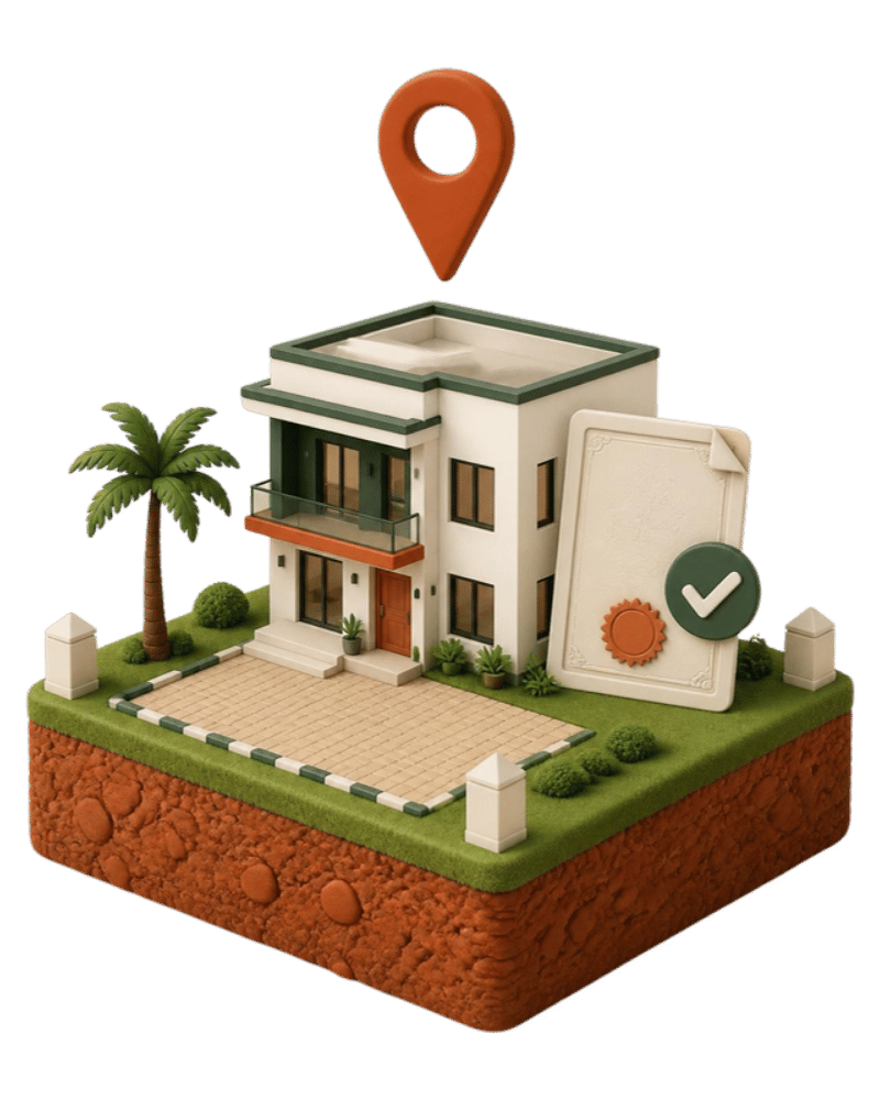 Illustration of a Nigerian duplex on a surveyed plot with boundary beacons and a land title stamped as verified