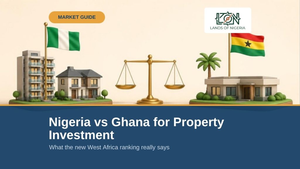 Nigeria vs Ghana for Property Investment — illustration of Nigerian and Ghanaian property plots with their flags on a balance scale, Lands of Nigeria market guide cover