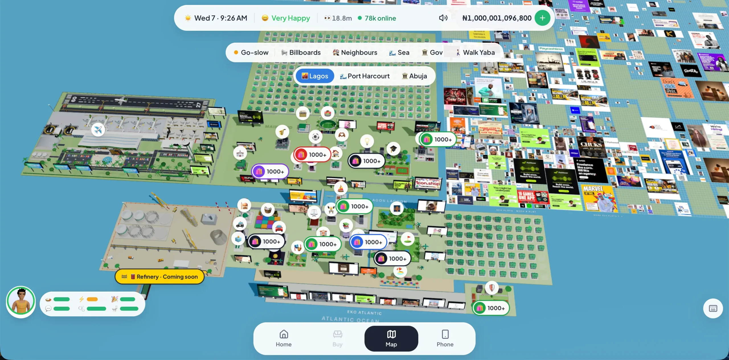 Lagos Life game map showing Lagos Lagoon, landmarks and in-game advertising billboards