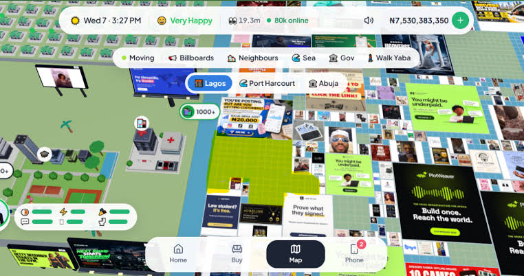 Lagos Life game map view with sea plots covered in business adverts and tabs for Lagos, Port Harcourt and Abuja