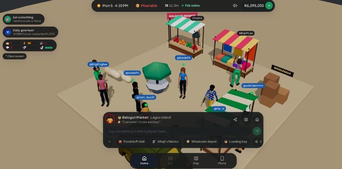 Players gathered at Balogun Market in the Lagos Life game, with market stalls and side-gig options