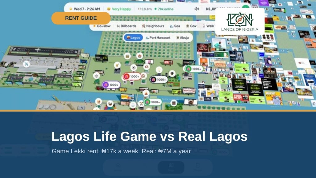 Lagos Life Game vs Real Lagos — Lands of Nigeria Rent Guide cover with gameplay map