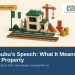 AI illustration: Nigerian flag beside a house under construction, road and rail, with the headline Tinubu's Speech: What It Means for Property